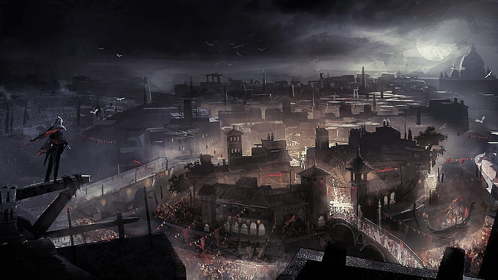 Assassin's Creed Drawing City Buildings Night HD, video games, drawing, night, buildings, s, city, assassin, creed, HD wallpaper