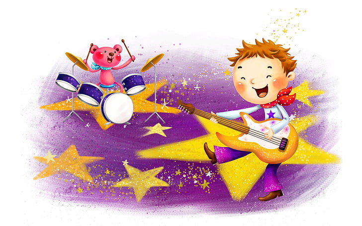 chłopiec grający na gitarze i niedźwiedź grający na perkusji ilustracja, dziecko, chłopiec, rysunek, gitara, perkusja, muzyka, Tapety HD