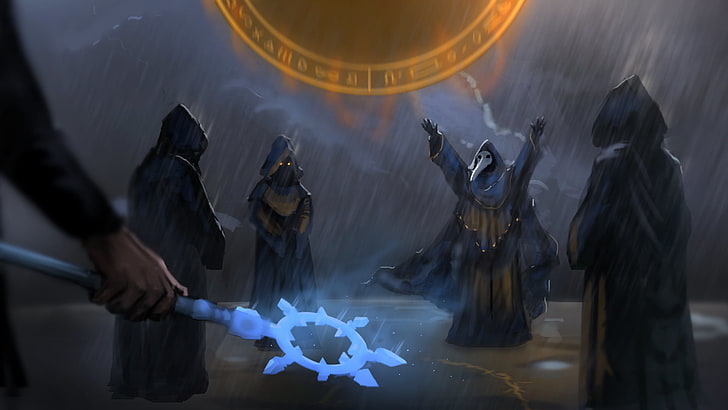 four persons wearing cloaks wallpaper, wizards in cloaks gathering game scene wallpaper, magic, rain, lightning, jake55778, fantasy art, cultist, Terraria, HD wallpaper