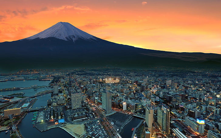 Luftaufnahmen von Wolkenkratzern Wallpaper, Mount Fuji, Sonnenuntergang, Tokio, Japan, Stadt, Berge, schneebedeckten Gipfel, HD-Hintergrundbild