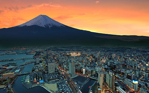 fotografia aérea do céu raspadores papel de parede, Monte Fuji, pôr do sol, Tóquio, Japão, cidade, montanhas, pico nevado, HD papel de parede HD wallpaper