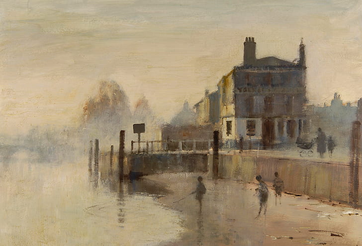 мъгла, картина, рибари, градският пейзаж, Едуард Сиго, рано сутрин. Ричмънд, HD тапет