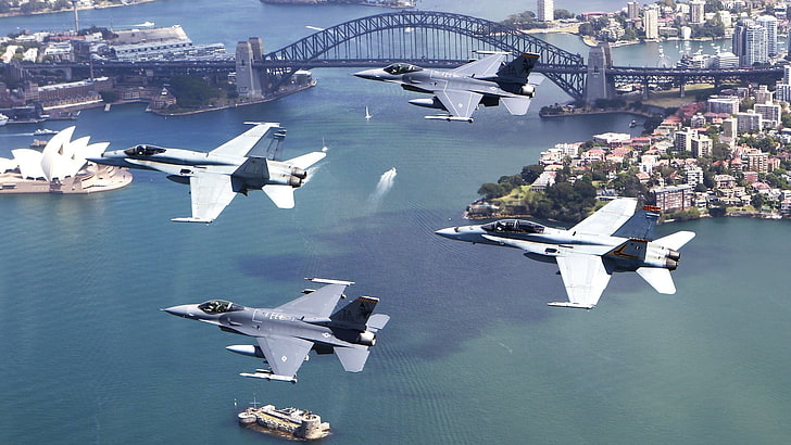 أربع طائرات عسكرية رمادية ، عسكرية ، طائرات ، طائرات عسكرية ، طائرة ، مقاتلة نفاثة ، سيدني ، أستراليا ، جنرال ديناميكس F-16 Fighting Falcon ، McDonnell Douglas F / A-18 Hornet، خلفية HD