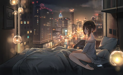  anime, anime girls, catzz, night, city lights, city, bed, HD wallpaper HD wallpaper