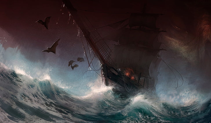 sailing ship, painting, waves, bats, dark clouds, storm, Fantasy, HD wallpaper