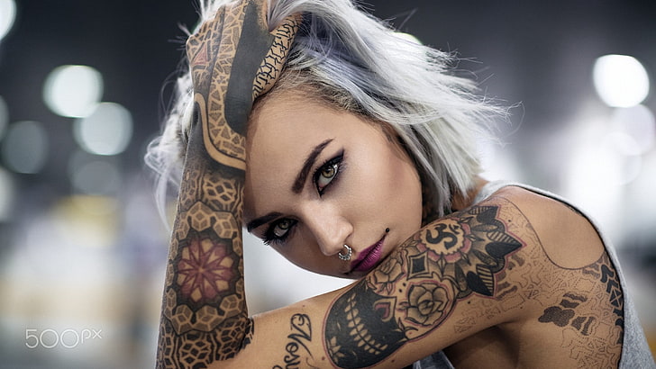 mujer, nariz, piercing, tatuajes, Sfondo HD