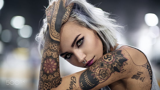 mujer, nariz, piercing, tatuajes, Tapety HD HD wallpaper