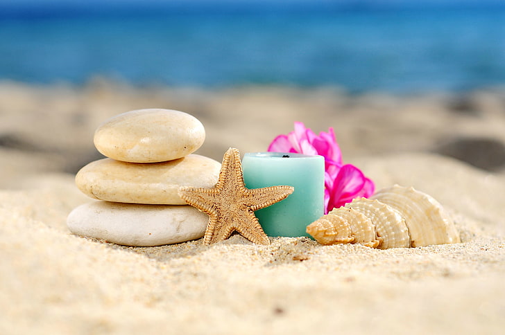 blue votive candle and three beige stones, sand, beach, stones, shell, relax, Spa, seashell, candle, starfish, HD wallpaper