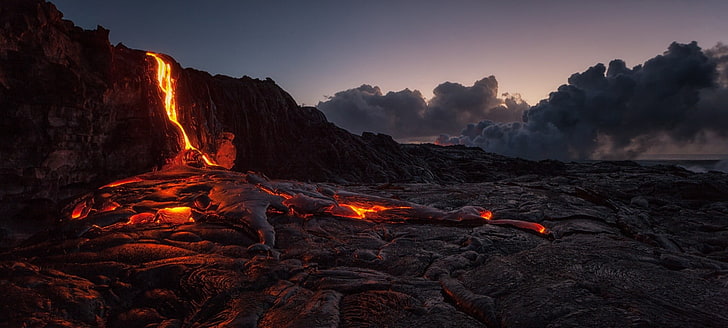 flowing lava wallpaper, nature, volcano, Hawaii, island, lava, rocks, Tom Kualii, volcanic eruption, clouds, smoke, HD wallpaper