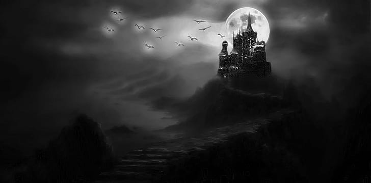 castelo preto, Darkside, castelo preto, noite, pássaro, lua, assustador, horror, escuro, HD papel de parede