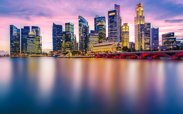 아름 다운 도시, 싱가포르, 저녁, 조명, 고층 빌딩, 다리, 베이, 아름 다운, 도시, 싱가포르, 저녁, 조명, 고층 빌딩, 다리, 베이, HD 배경 화면