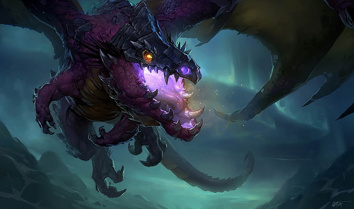 илюстрация на лилав и черен дракон, Warcraft, дракон, видео игри, World of Warcraft, HD тапет