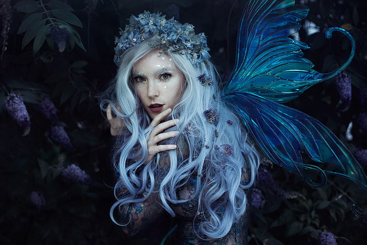 look, girl, style, hair, fairy, wings, wreath, Bella Kotak, Jessica Dru, Violet dreams, HD wallpaper