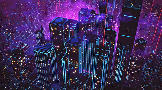 обои фиолетовые и синие здания, воздушный город, городской пейзаж, неон, новая ретро волна, HD обои HD wallpaper