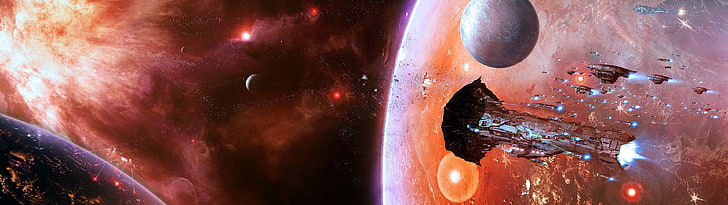 الكواكب والمركبات الفضائية خلفية رقمية ، مساحة ، EVE Online ، عرض متعدد ، سفينة فضاء ، Amarr ، ألعاب فيديو، خلفية HD