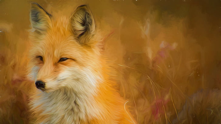 pintura, raposa, raposa vermelha, animais selvagens, obra de arte, arte da pintura, bigodes, outono, HD papel de parede