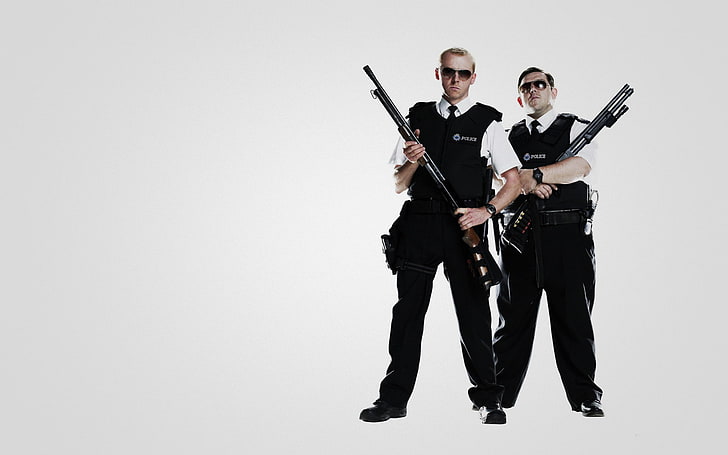 funny, fuzz, guns, hot fuzz, humor, movies, people, weapons, zombies, HD wallpaper