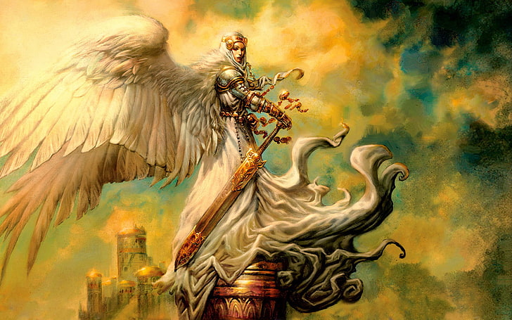 Ángel con espada ilustración, figura, ángel, espada, grapas greg, Fondo de pantalla HD