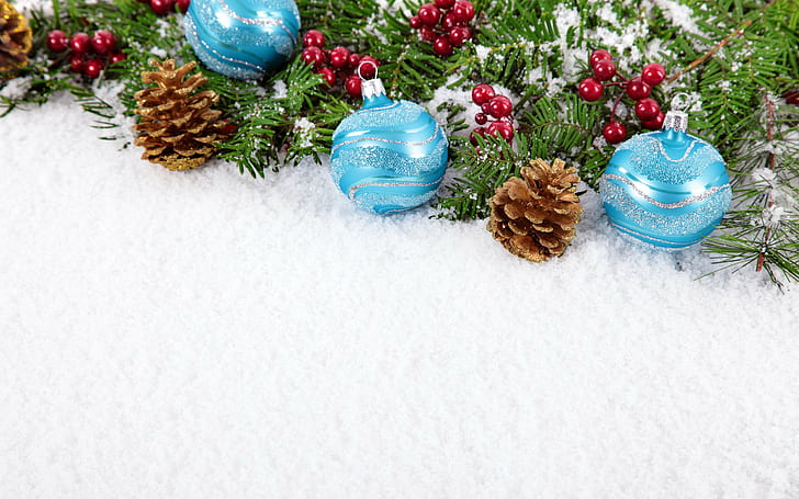 New Year, balls, snow, decoration, teal christmas bauble, snow, balls, Christmas, New Year, decoration, Merry, HD wallpaper