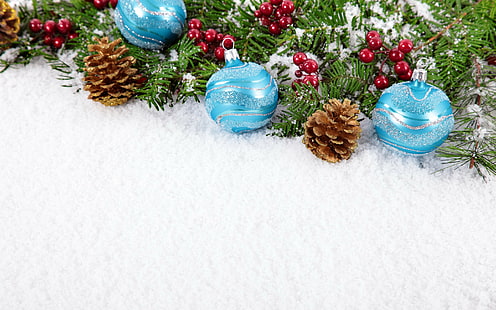 Nouvel An, boules, neige, décoration, boule de Noël turquoise, neige, boules, Noël, Nouvel an, décoration, joyeux, Fond d'écran HD HD wallpaper