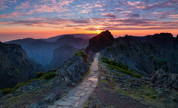 gray mountains, nature, landscape, mountains, sunset, hiking, path, clouds, Portugal, mist, rock, HD wallpaper