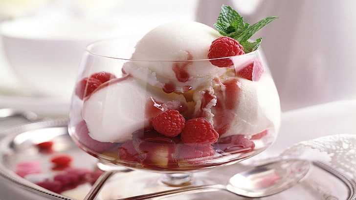 red raspberries, ice-cream, dessert, raspberry, portion, laying, HD wallpaper