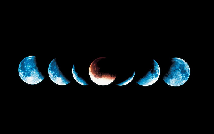 przestrzeń, Księżyc, fazy księżyca, Krwawy księżyc, cyjan, czarne tło, Tapety HD