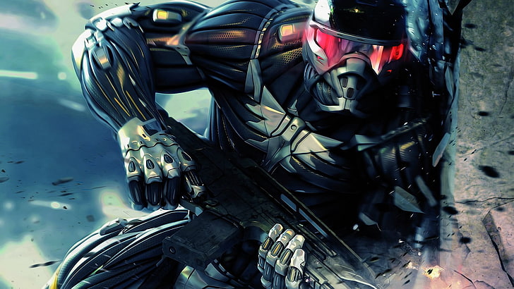 personnage de fiction portant un fond d'écran numérique en costume noir, Crysis, jeux vidéo, Fond d'écran HD