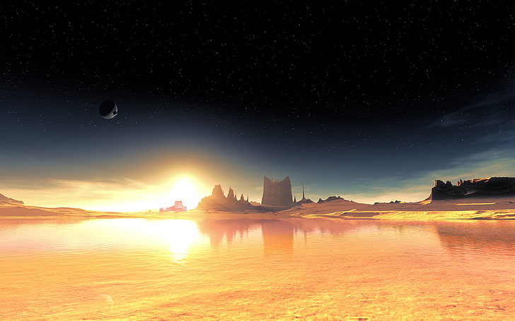 Gewässer Wallpaper, der Himmel, Sterne, fremder Planet, fantastische Landschaft, terraspace, HD-Hintergrundbild
