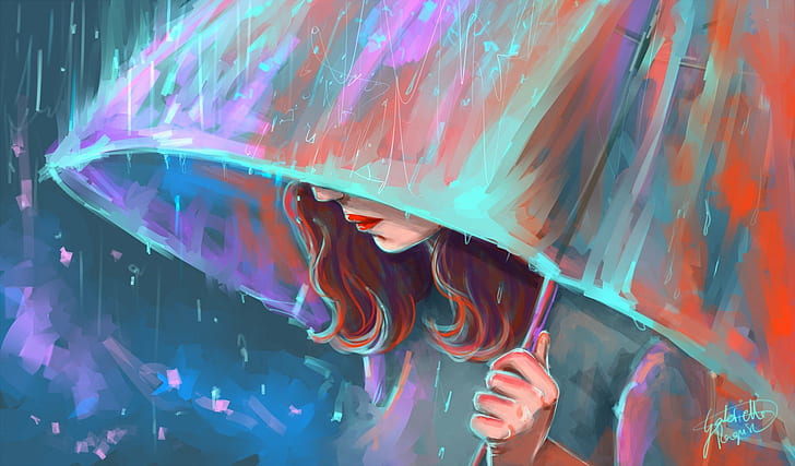 sendirian, seni, gadis, hujan, sedih, payung, Wallpaper HD