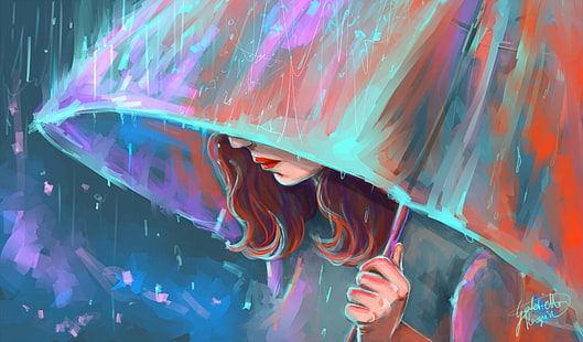 одна, арт, девушка, дождь, грустный, зонт, HD обои HD wallpaper