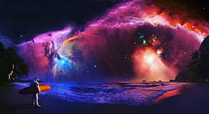 uomo in piedi mentre si tiene la tavola da surf, fantasy art, astronauta, nebulosa, surf, Sfondo HD