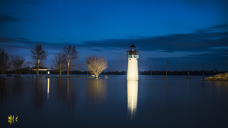 nature, landscape, long exposure, night, trees, lighthouse, lake, clouds, lights, reflection, metropolis, Illinois, USA, flood, blue, HD wallpaper