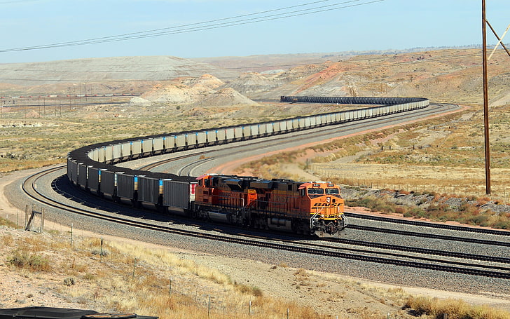 pomarańczowy i szary pociąg towarowy, pociąg towarowy, lokomotywa spalinowa, pociąg, Tapety HD