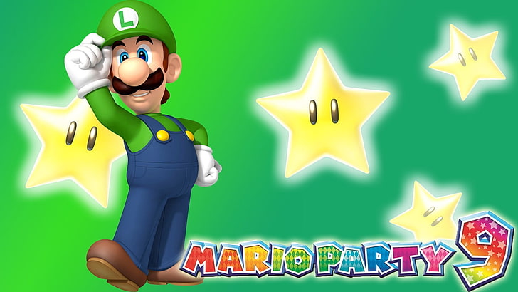 Mario Party 9 poster, Mario Party, Luigi, video games, Nintendo, Mario Party 9, stars, green background, HD wallpaper