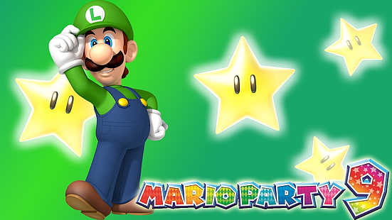 Plakat Mario Party 9, Mario Party, Luigi, gry wideo, Nintendo, Mario Party 9, gwiazdki, zielone tło, Tapety HD HD wallpaper