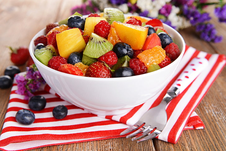 grapes, raspberries, orange, fruits, salad, strawberries, blueberries, mango, kiwi, HD wallpaper