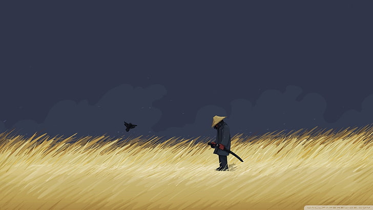 человек с коричневой шляпой стоит на коричневых полевых обоях, пейзаж, самурай, трава, произведения искусства, HD обои