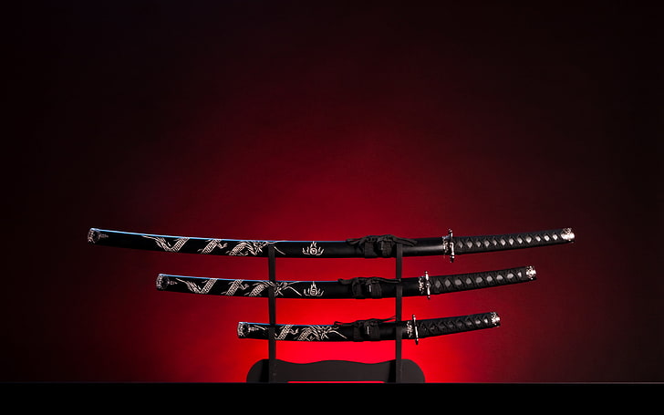 conjunto de espada katana preto e cinza, metal, katana, Wakizashi, aspecto, espadas japonesas, HD papel de parede
