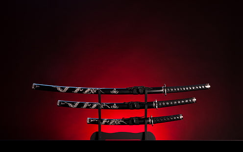 conjunto de espada katana preto e cinza, metal, katana, Wakizashi, aspecto, espadas japonesas, HD papel de parede HD wallpaper