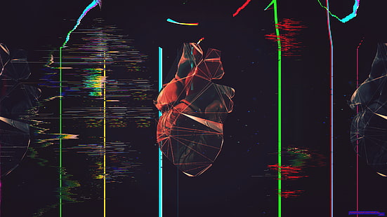 czarno-czerwona ilustracja ludzkiego serca, usterka, sztuka wielokąta, low poly, abstrakcja, serce, Tapety HD HD wallpaper
