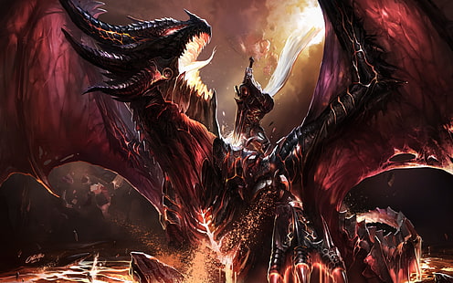 ilustração de dragão, fogo, dragão, elfo, espada, guerreiro, luta, mundo de warcraft, arte, batalha, fanart, matar Deathwing, Chenbo, HD papel de parede HD wallpaper