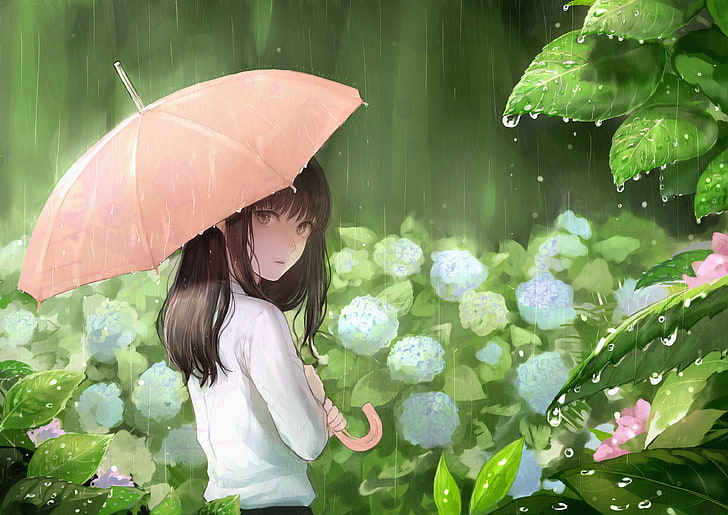 аниме, аниме девушки, оригинальные персонажи, санкарея, зонт, белое платье, дождь, цветы, длинные волосы, вода, капли воды, HD обои