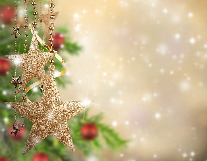 фотография отблизо на златна звезда Коледа декор, топки, декорация, празник, Нова година, Коледа, HD тапет