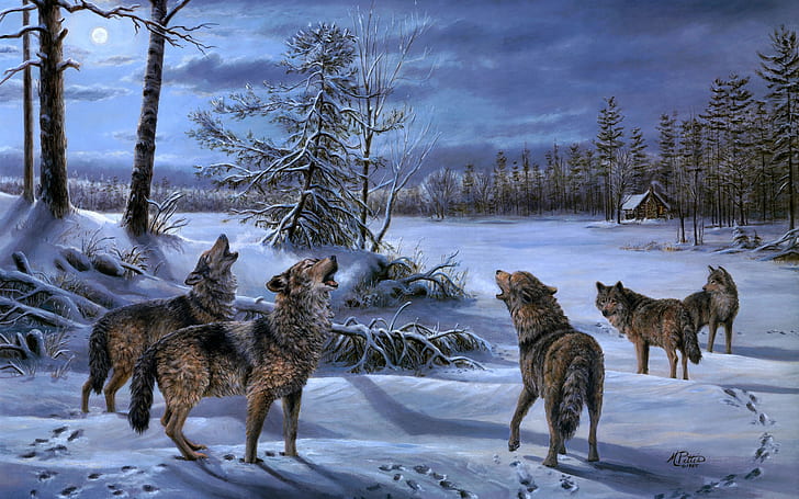 serigala, binatang, karya seni, musim dingin, pohon, seni fantasi, malam, Wallpaper HD
