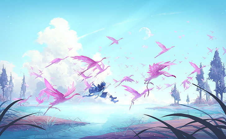 аниме мальчик прыгает, фламинго, птицы, живописные, аниме, HD обои