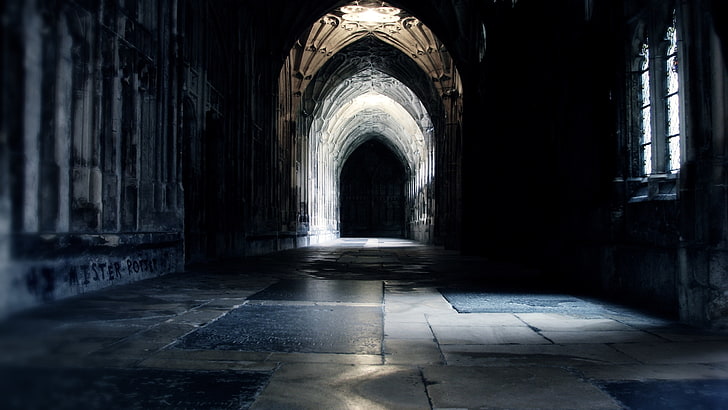 interior de edifício de concreto cinza, o filme, corredor, Harry Potter, Hogwarts, HD papel de parede
