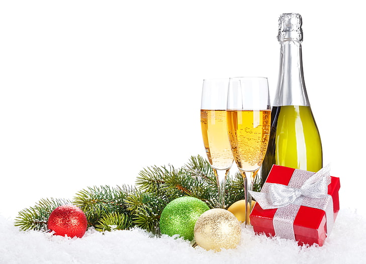 champagne flute glasses, winter, snow, decoration, holiday, Christmas, Cup, gifts, champagne, Happy New Year, balls, Merry Christmas, glasses, ornaments, HD wallpaper