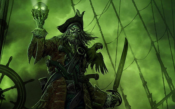 море стар кораб пирати зелено призрачно, HD тапет