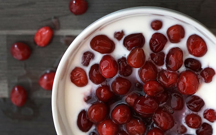 cranberries, yogurt backgrounds, breakfast, download 3840x2400 cranberries, HD wallpaper
